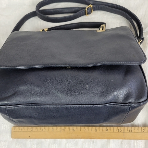 Navy blue shoulder bag long strap short handle satchel gold accents grandma chic - Picture 3 of 11